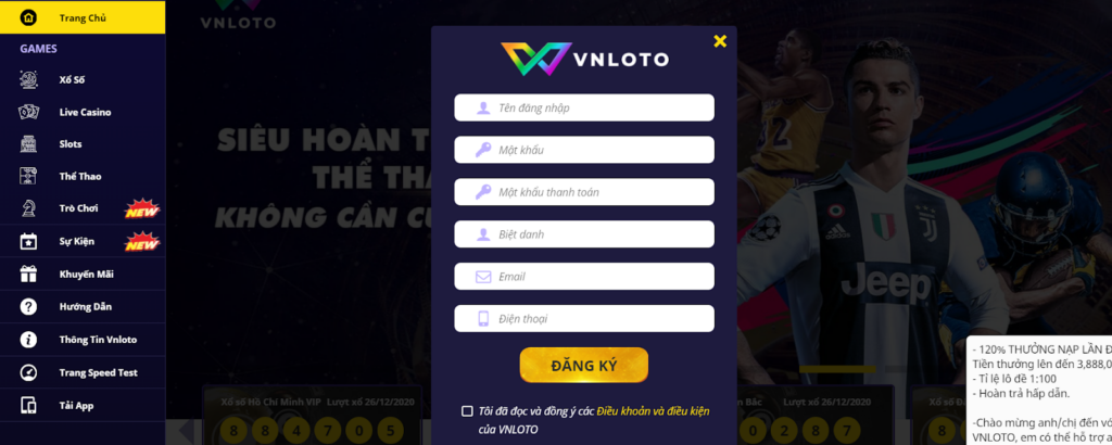 Đăng ký tài khoản tại nhà cái VNloto